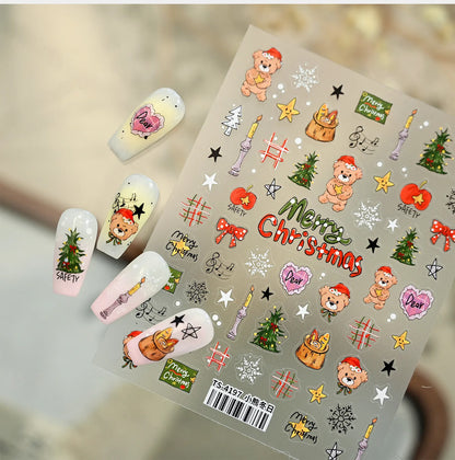Cartoon Christmas Bear Dog Nail Art Stickers - Cute Snowman Xmas Tree Snowflake Decals TS4197
