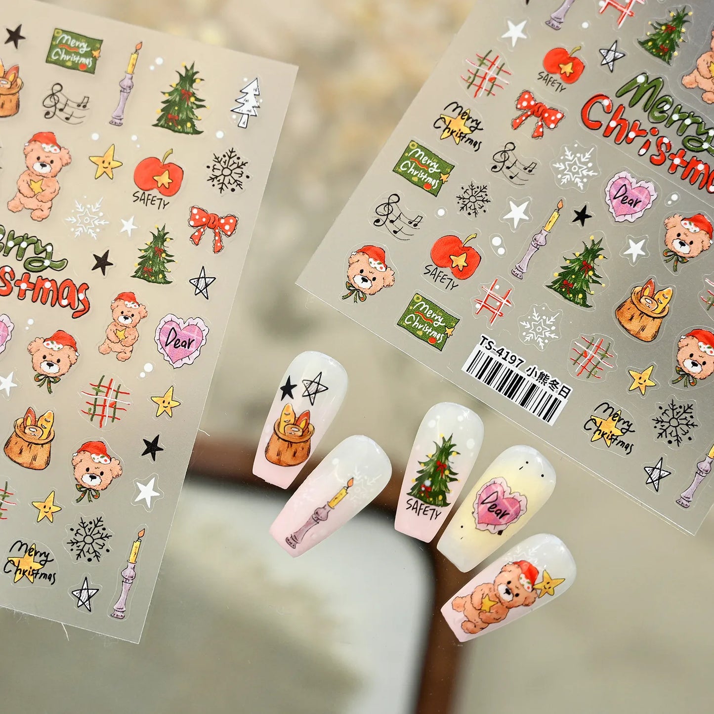 Cartoon Christmas Bear Dog Nail Art Stickers - Cute Snowman Xmas Tree Snowflake Decals TS4197