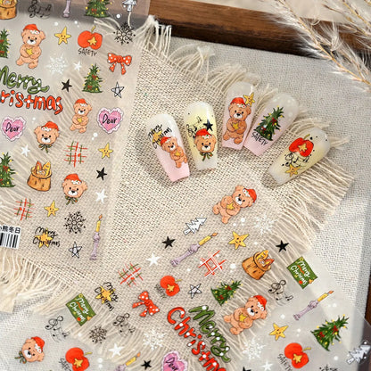 Cartoon Christmas Bear Dog Nail Art Stickers - Cute Snowman Xmas Tree Snowflake Decals TS4197