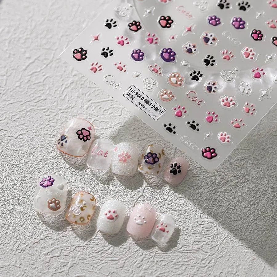 Cartoon Claw Nail Art Stickers Adhesive Embossed Cute Paw Sticker Decals TS3660