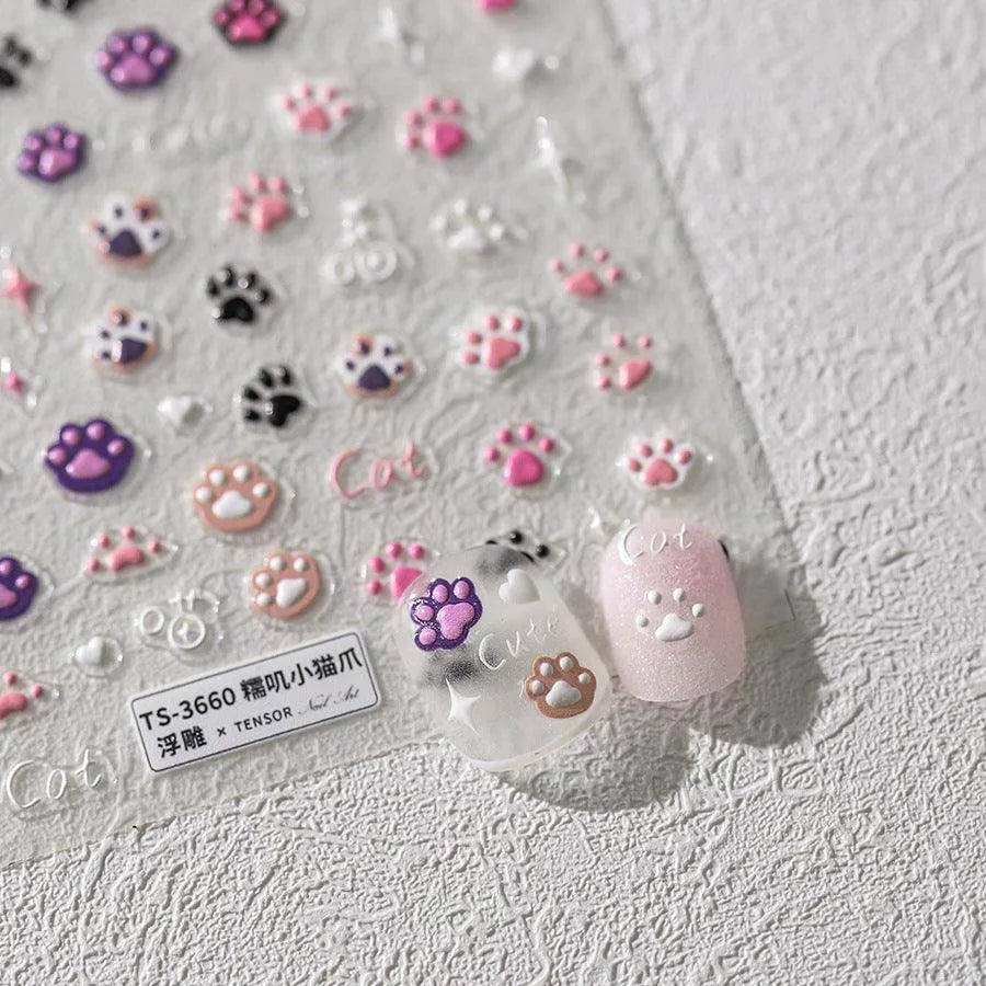 Cartoon Claw Nail Art Stickers Adhesive Embossed Cute Paw Sticker Decals TS3660