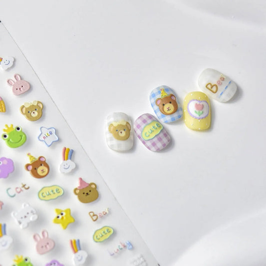 Cartoon Frog Nail Art Stickers Adhesive Embossed Bear Panda Sticker Decals to3004
