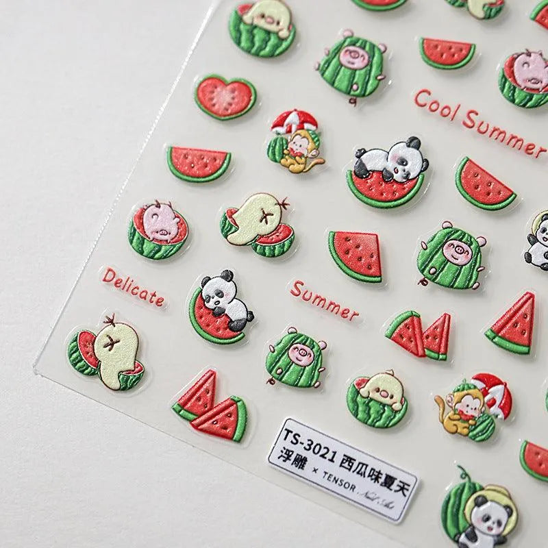 Cartoon Panda Nail Art Stickers Adhesive Slider Summer Watermelon Fruit Sticker Decals TS3020