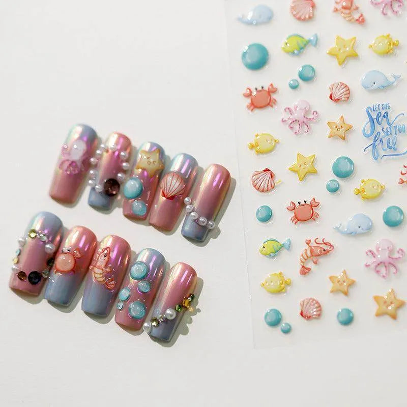 Cartoon Starfish Nail Art Stickers Adhesive Sliders Fish Crab Jellyfish Embossed Sticker Decals M118