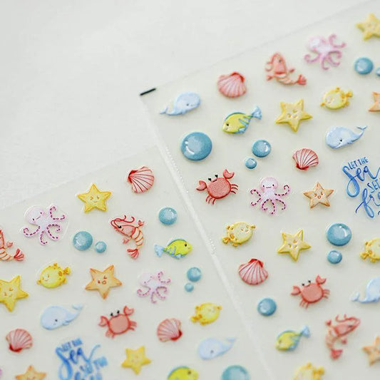Cartoon Starfish Nail Art Stickers Adhesive Sliders Fish Crab Jellyfish Embossed Sticker Decals M118