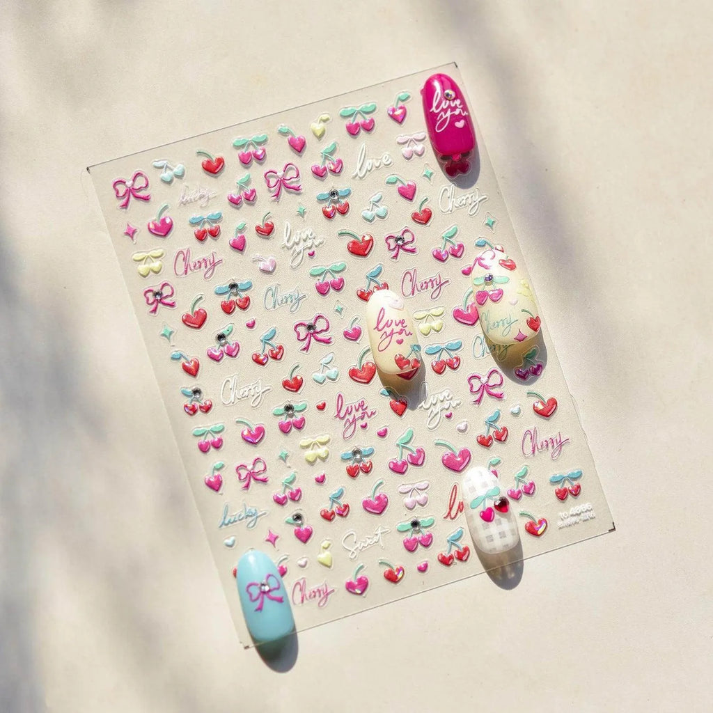 Cherry Love Nail Art Stickers Adhesive Embossed Love Heart Sticker Decals for Valentine's Day 