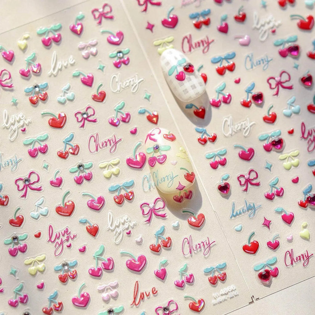 Cherry Love Nail Art Stickers Adhesive Embossed Love Heart Sticker Decals for Valentine's Day 