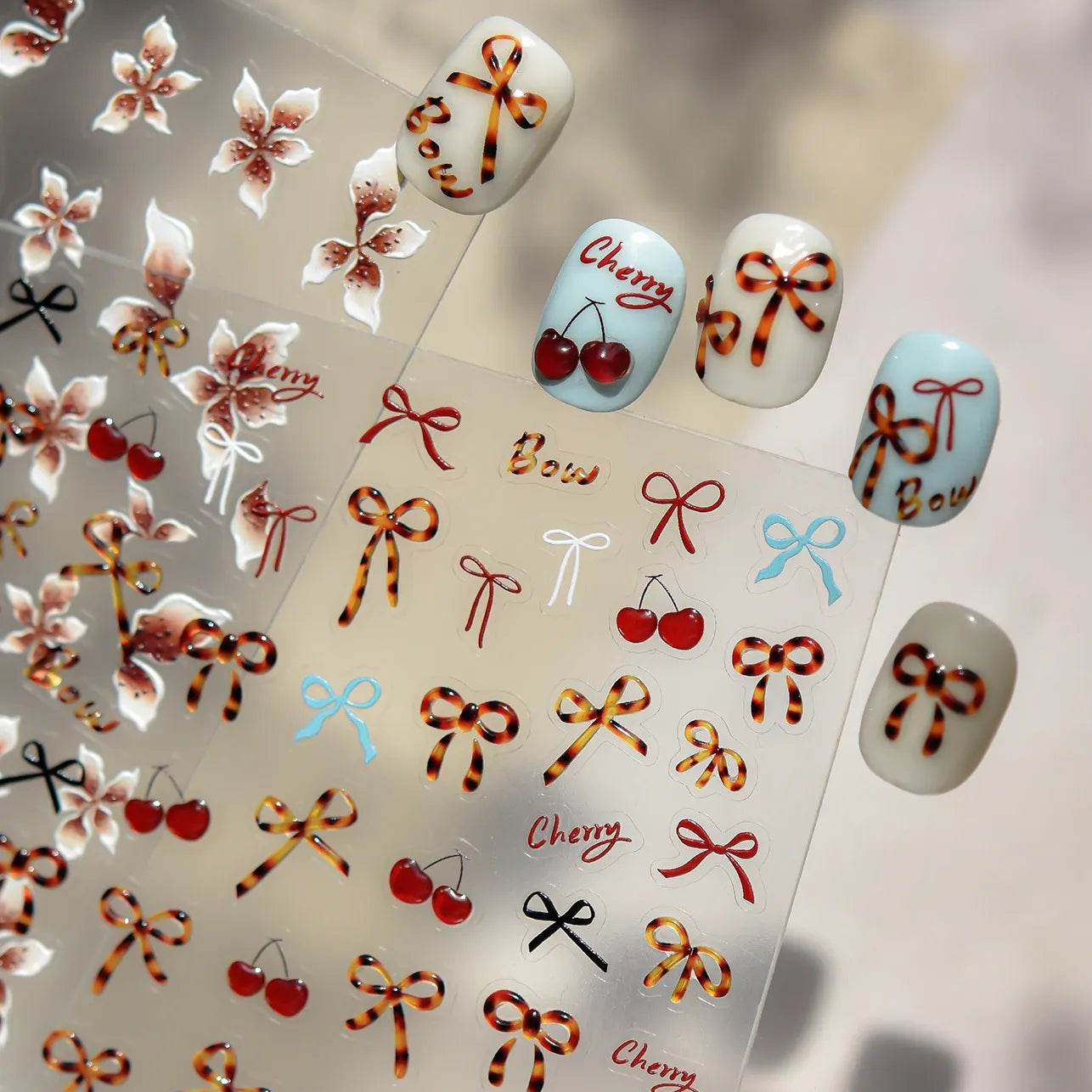 Chic Bow & Cherry Nail Stickers - Floral & Tortoise Shell Decals for Aesthetic Nail Art