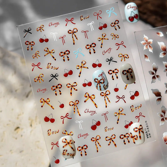 Chic Bow & Cherry Nail Stickers - Floral & Tortoise Shell Decals for Aesthetic Nail Art