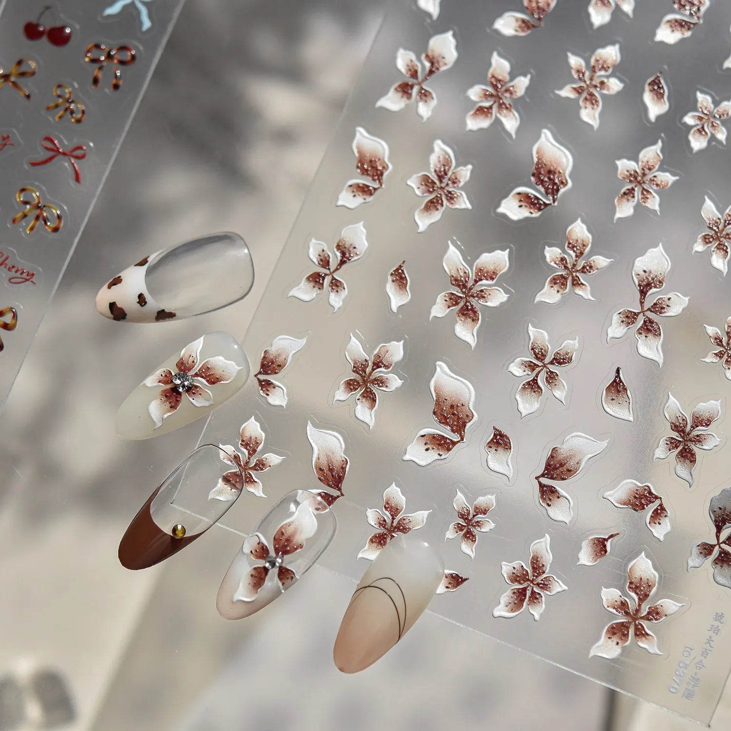 Chic Bow & Cherry Nail Stickers - Floral & Tortoise Shell Decals for Aesthetic Nail Art