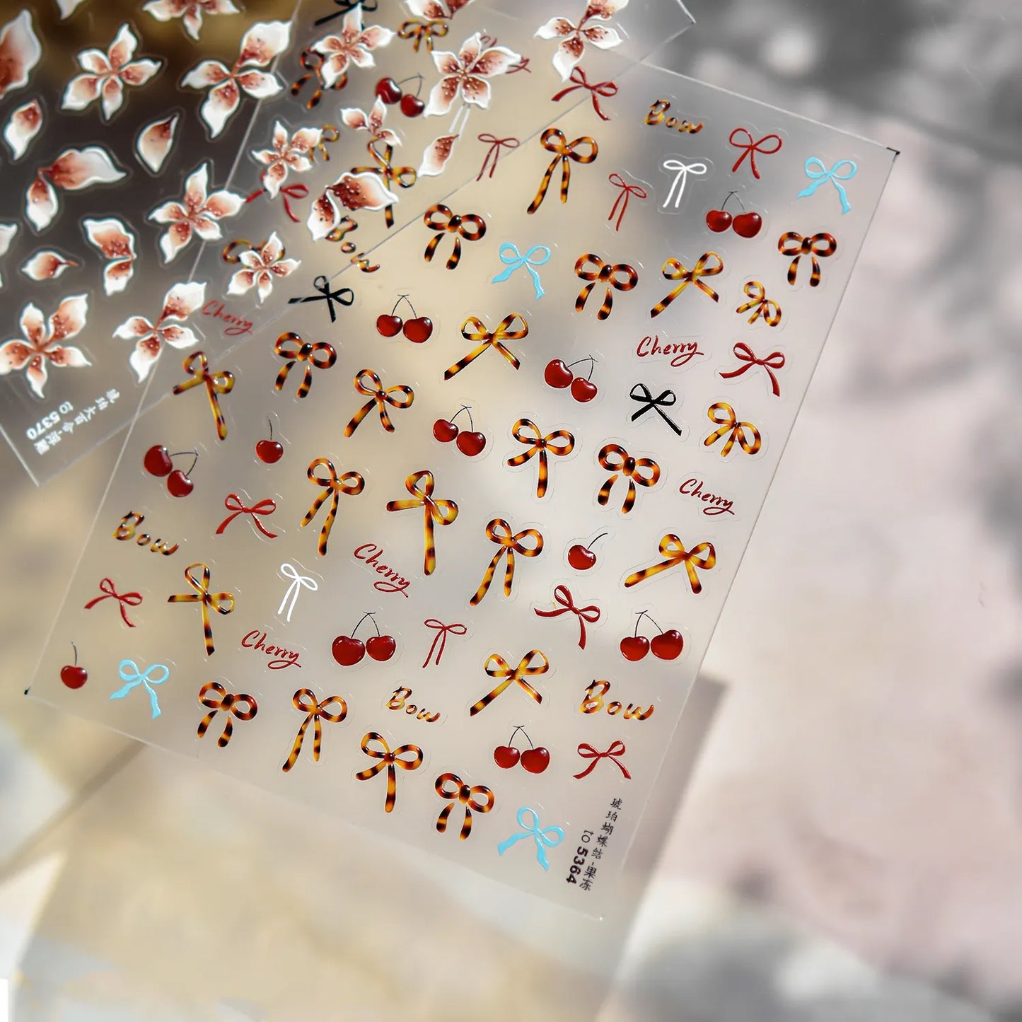 Chic Bow & Cherry Nail Stickers - Floral & Tortoise Shell Decals for Aesthetic Nail Art