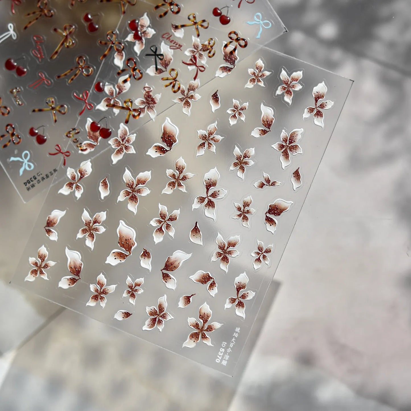 Chic Bow & Cherry Nail Stickers - Floral & Tortoise Shell Decals for Aesthetic Nail Art