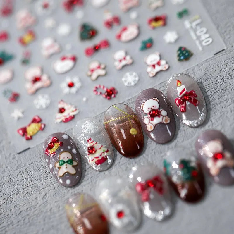 Christmas Bear Nail Art Stickers Adhesive Embossed Xmas Tree Sticker Decals TL040