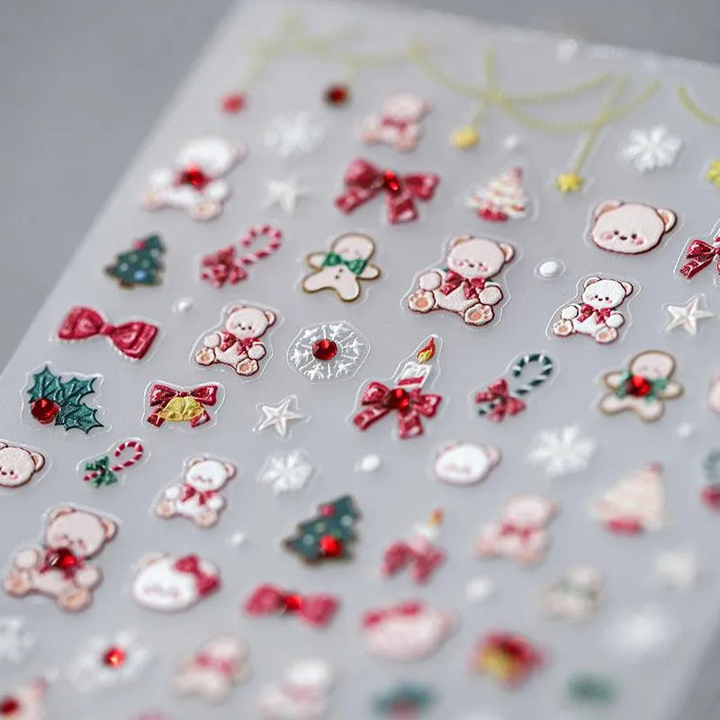 Christmas Bear Nail Art Stickers Adhesive Embossed Xmas Tree Sticker Decals TL040