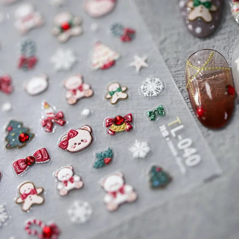 Christmas Bear Nail Art Stickers Adhesive Embossed Xmas Tree Sticker Decals TL040