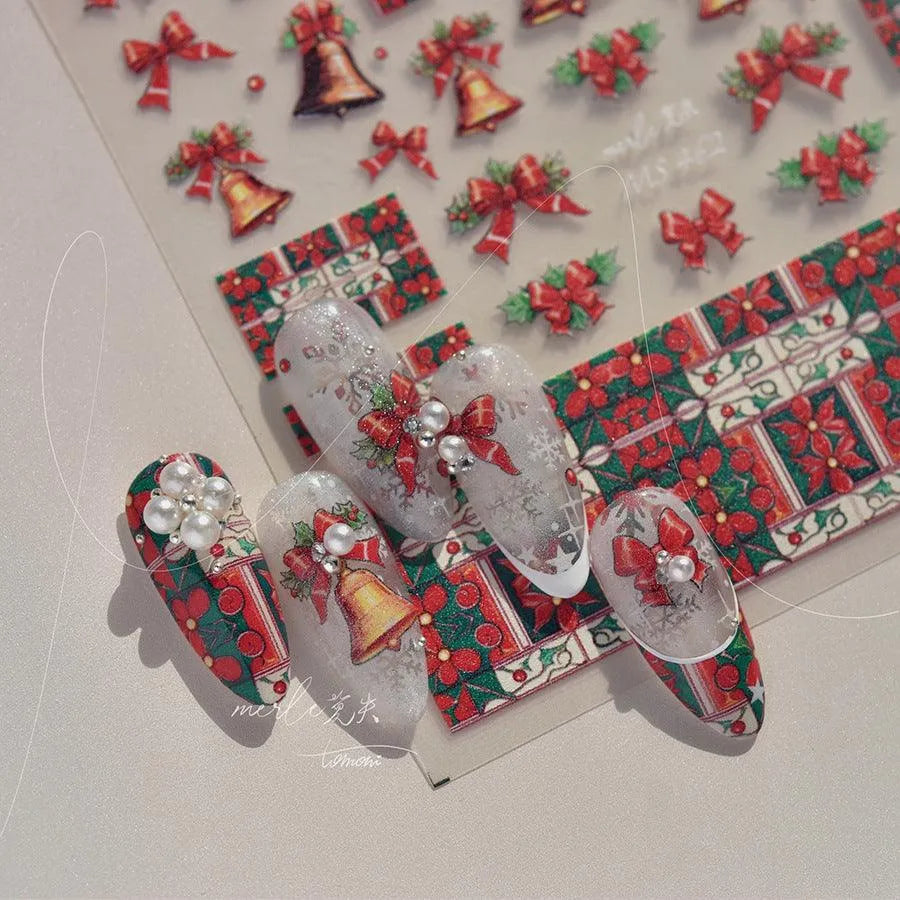 Christmas Bell Nail Art Stickers Adhesive Embossed Bow Knot Sticker Decals MS462