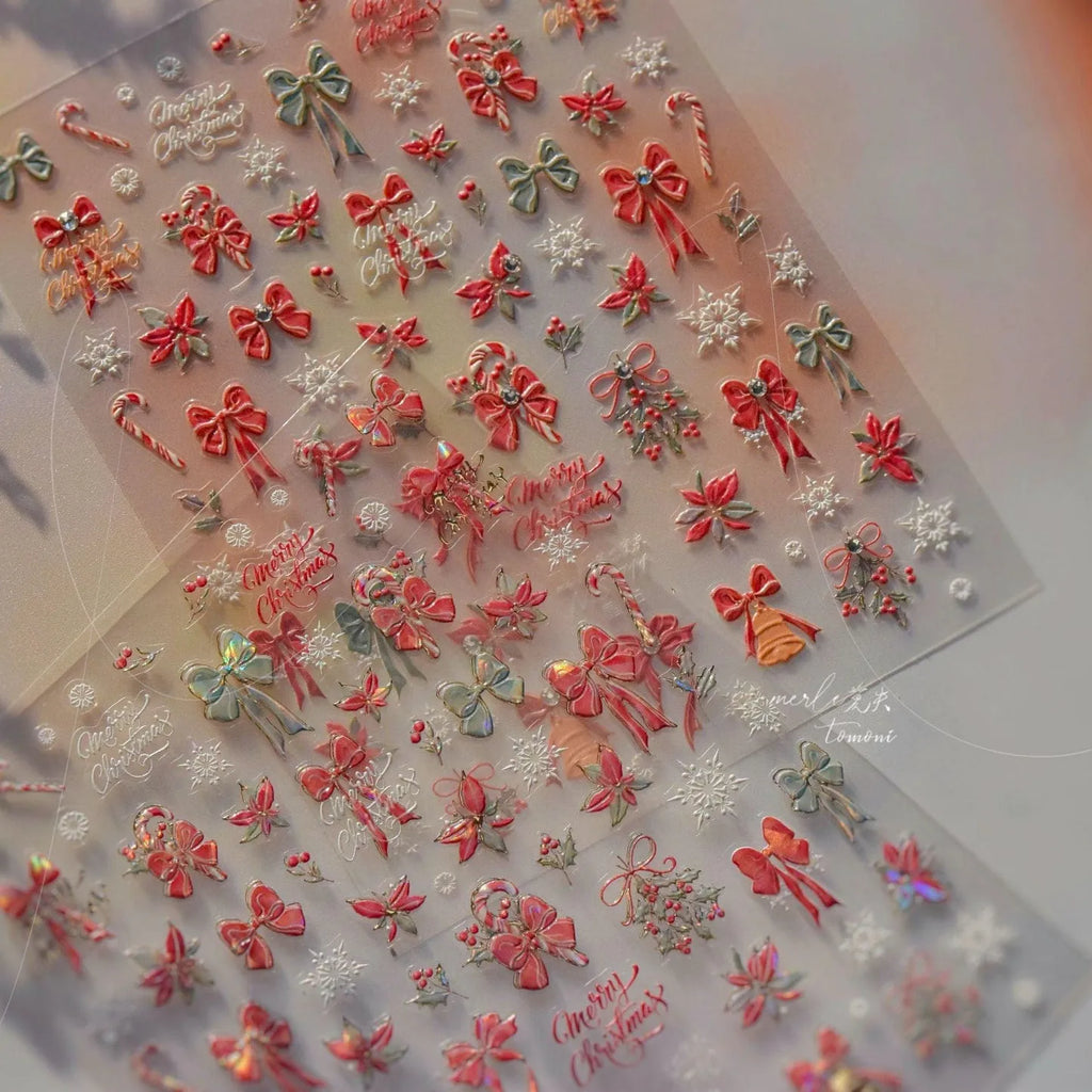 Christmas Bow-knot Ribbon Nail Art Stickers Adhesive Embossed Christmas Candy Canes Sticker Decals MS710