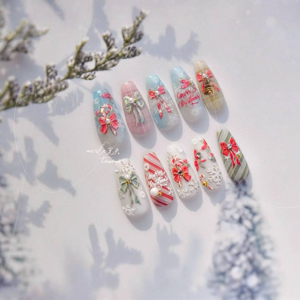 Christmas Bow-knot Ribbon Nail Art Stickers Adhesive Embossed Christmas Candy Canes Sticker Decals MS710