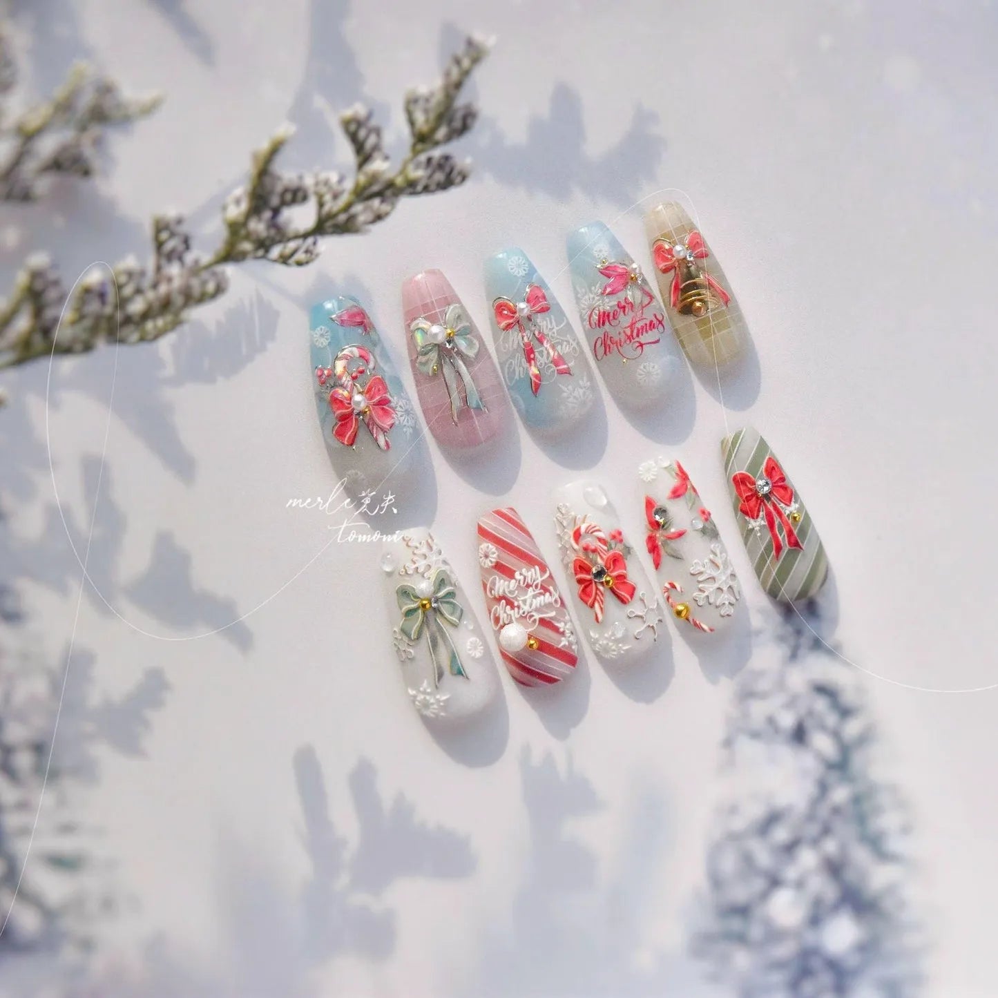 Christmas Bow-knot Ribbon Nail Art Stickers Adhesive Embossed Christmas Candy Canes Sticker Decals MS710