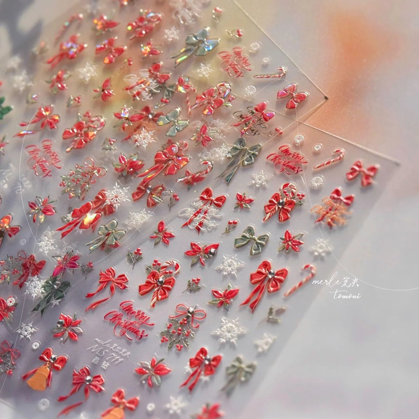 Christmas Bow-knot Ribbon Nail Art Stickers Adhesive Embossed Christmas Candy Canes Sticker Decals MS710