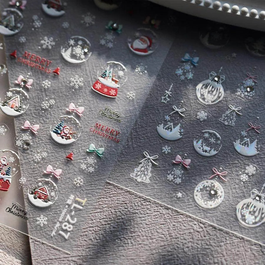 Christmas Crystal Ball Nail Art Stickers Adhesive Embossed Santa Clause Sticker Decals TL280