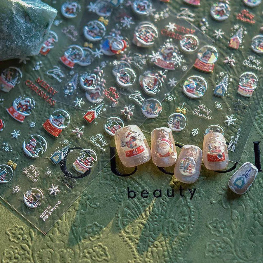 Christmas Crystal Balls Nail Art Stickers Xmas Snowflake Adhesive Embossed Sticker Decals to4505