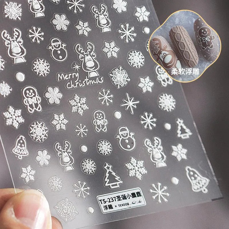 Christmas Elk Nail Art Stickers Adhesive Embossed Snowflake Deer Sticker Decals TS237