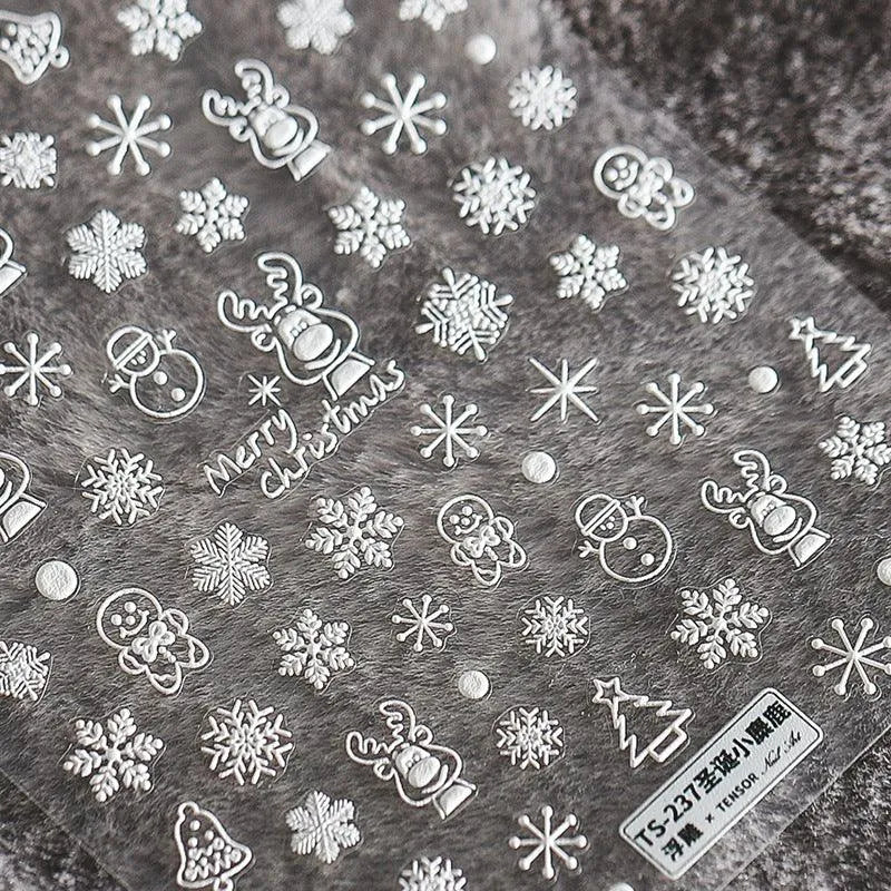 Christmas Elk Nail Art Stickers Adhesive Embossed Snowflake Deer Sticker Decals TS237