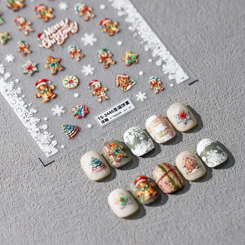 Christmas Gingerbread Man Nail Art Stickers Xmas Tree Adhesive Embossed Sticker Decals TS3445