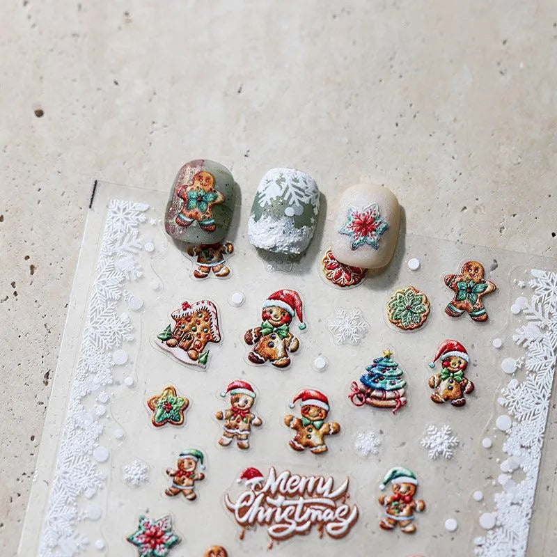 Christmas Gingerbread Man Nail Art Stickers Xmas Tree Adhesive Embossed Sticker Decals TS3445