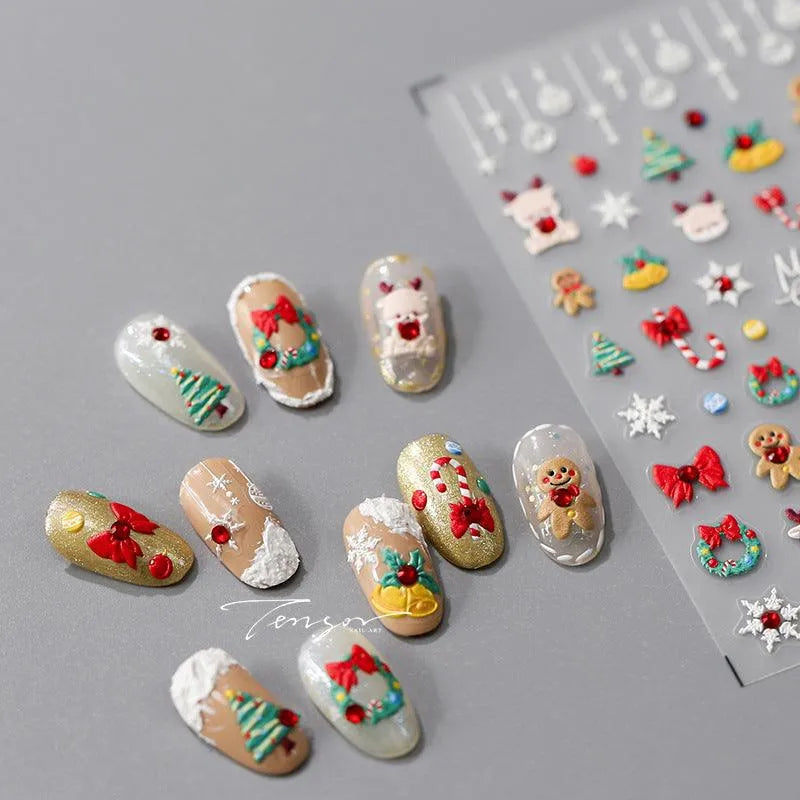 Christmas Nail Art Stickers Adhesive Sliders Christmas Tree Bells Embossed Sticker Decals TL064