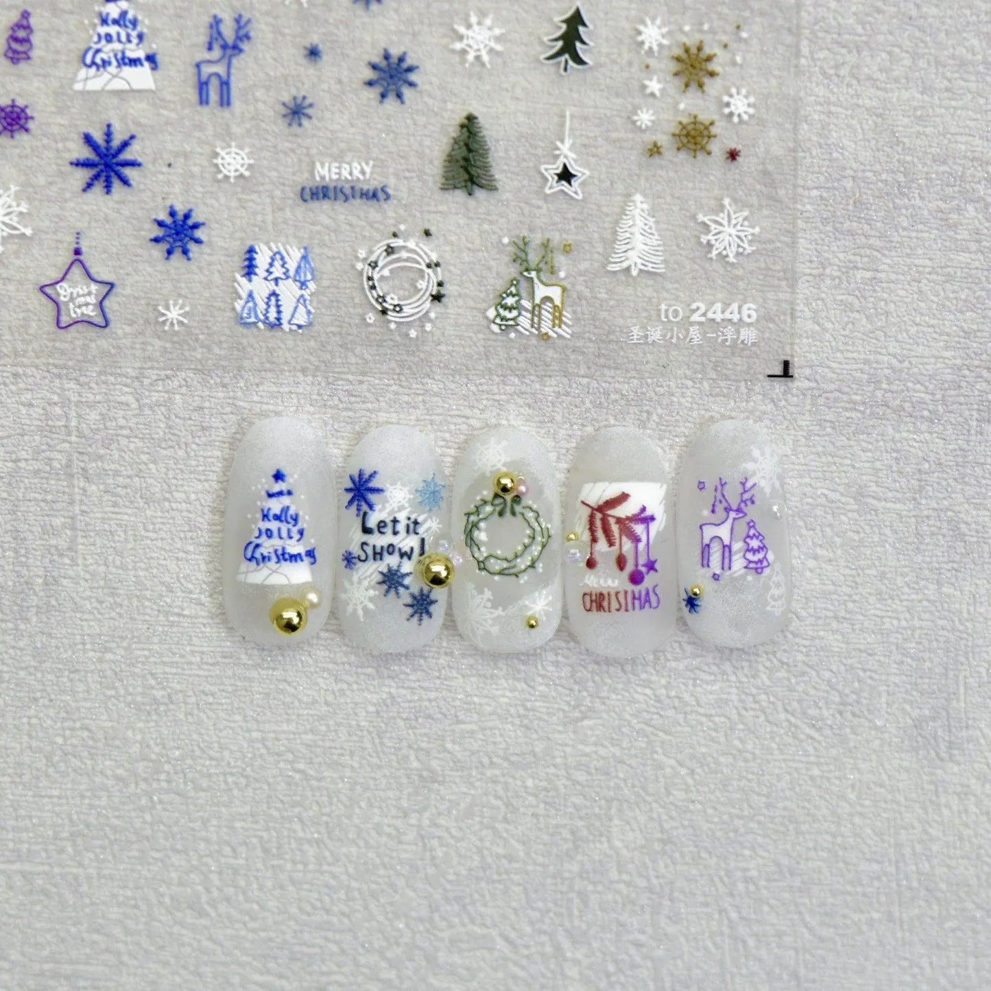 Christmas Nail Art Stickers Snowflake Snowman Adhesive Embossed Sticker Decals to2446