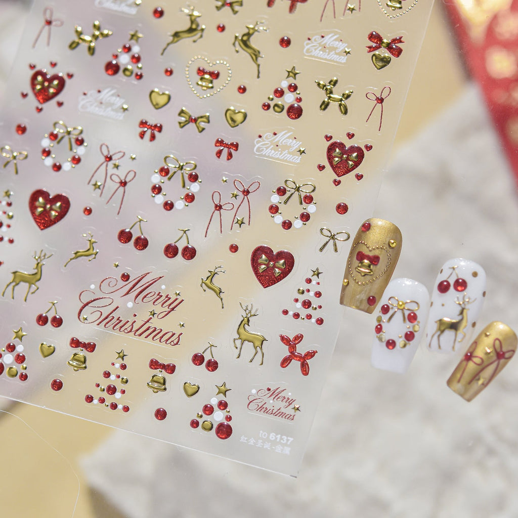 Christmas Nail Stickers - Gold & Red Holiday Decals 6137