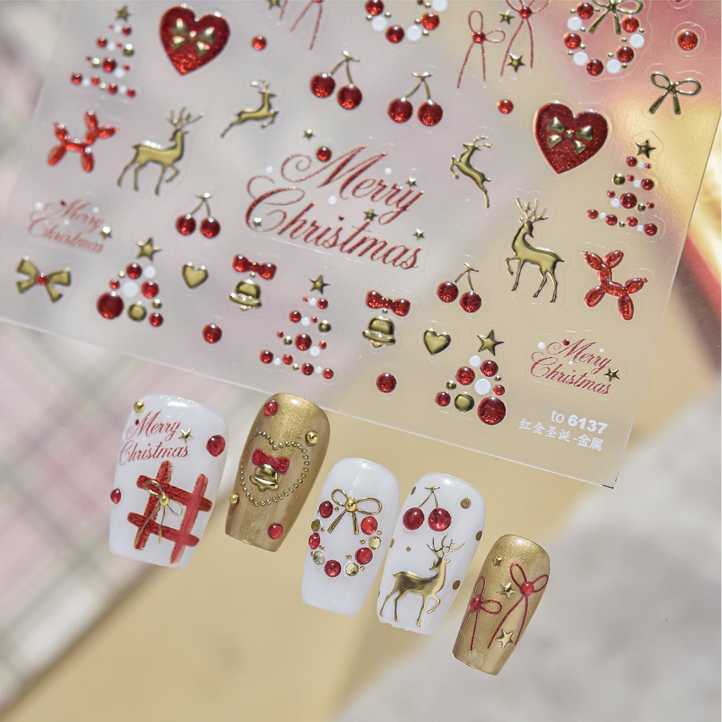 Christmas Nail Stickers - Gold & Red Holiday Decals 6137
