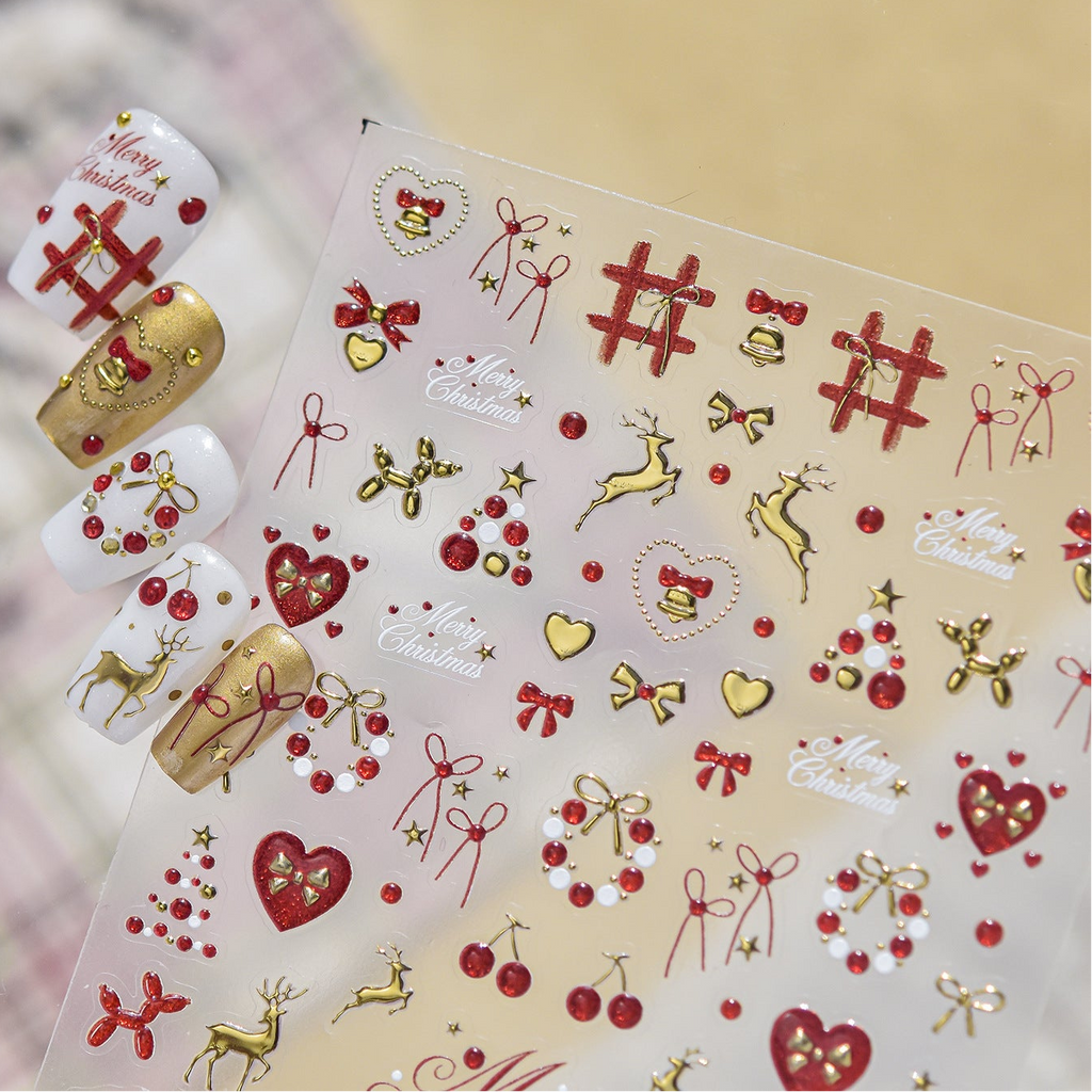 Christmas Nail Stickers - Gold & Red Holiday Decals 6137