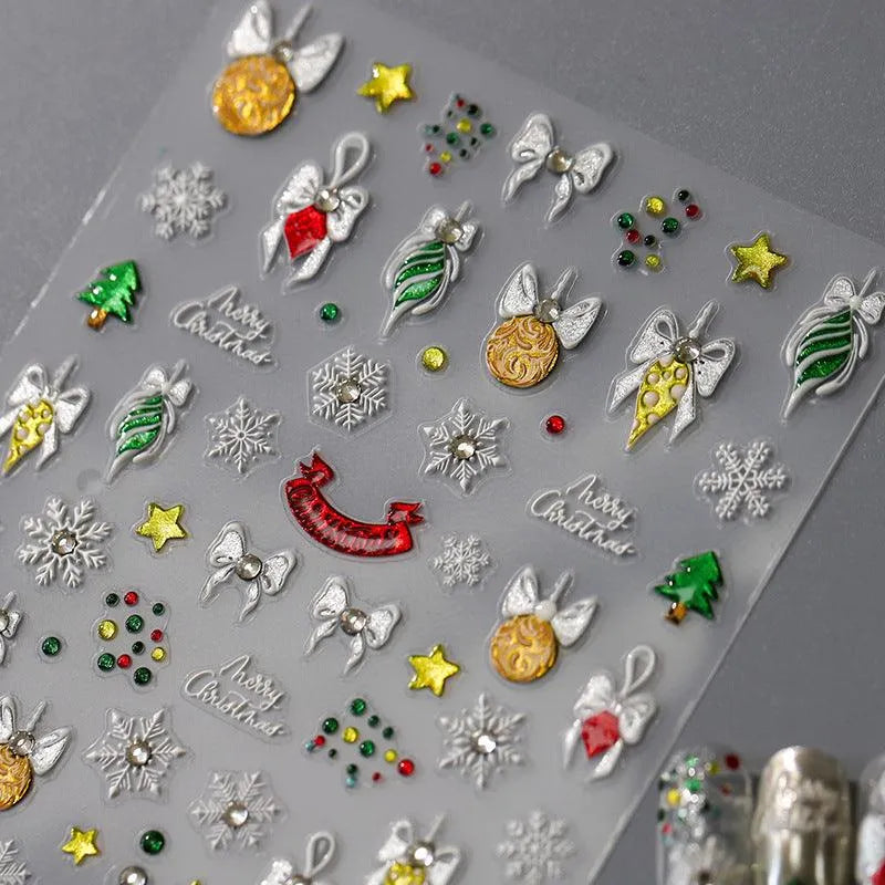 Christmas Snowflake Nail Art Stickers Adhesive Embossed Bow-tie with Rhinestones Sticker Decals TL067