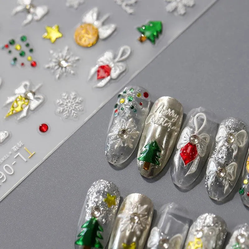 Christmas Snowflake Nail Art Stickers Adhesive Embossed Bow-tie with Rhinestones Sticker Decals TL067