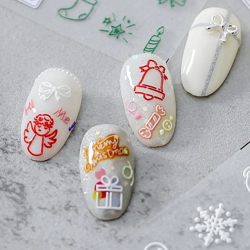 Christmas Tree Bell Nail Art Stickers Xmas Snowflake Embossed Sticker Decals TS977