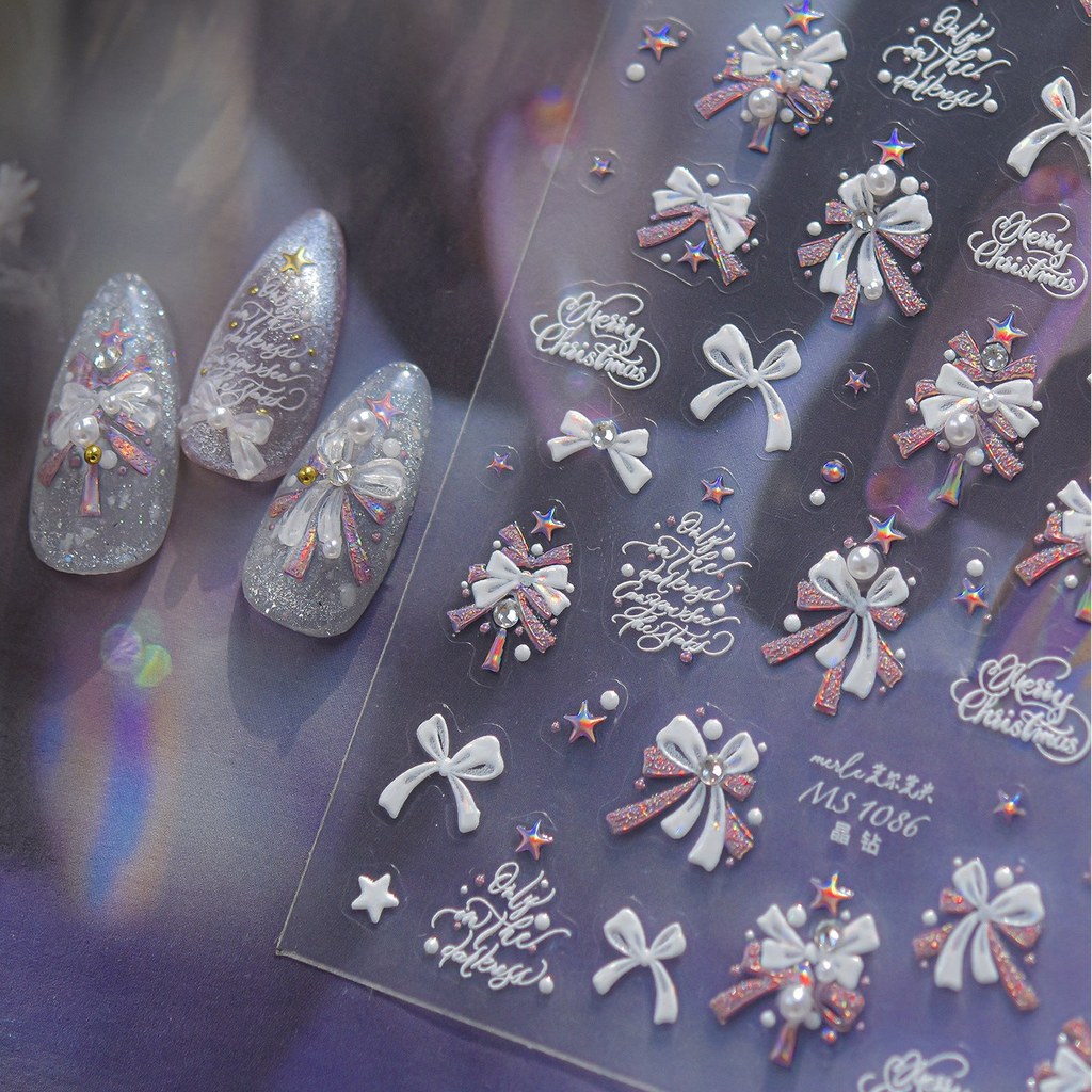 Christmas Tree & Bow Pearl Nail Stickers 