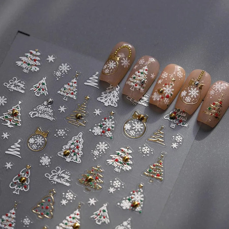 Christmas Tree Nail Art Stickers Adhesive Embossed Golden Snow Ball Sticker Decals 
