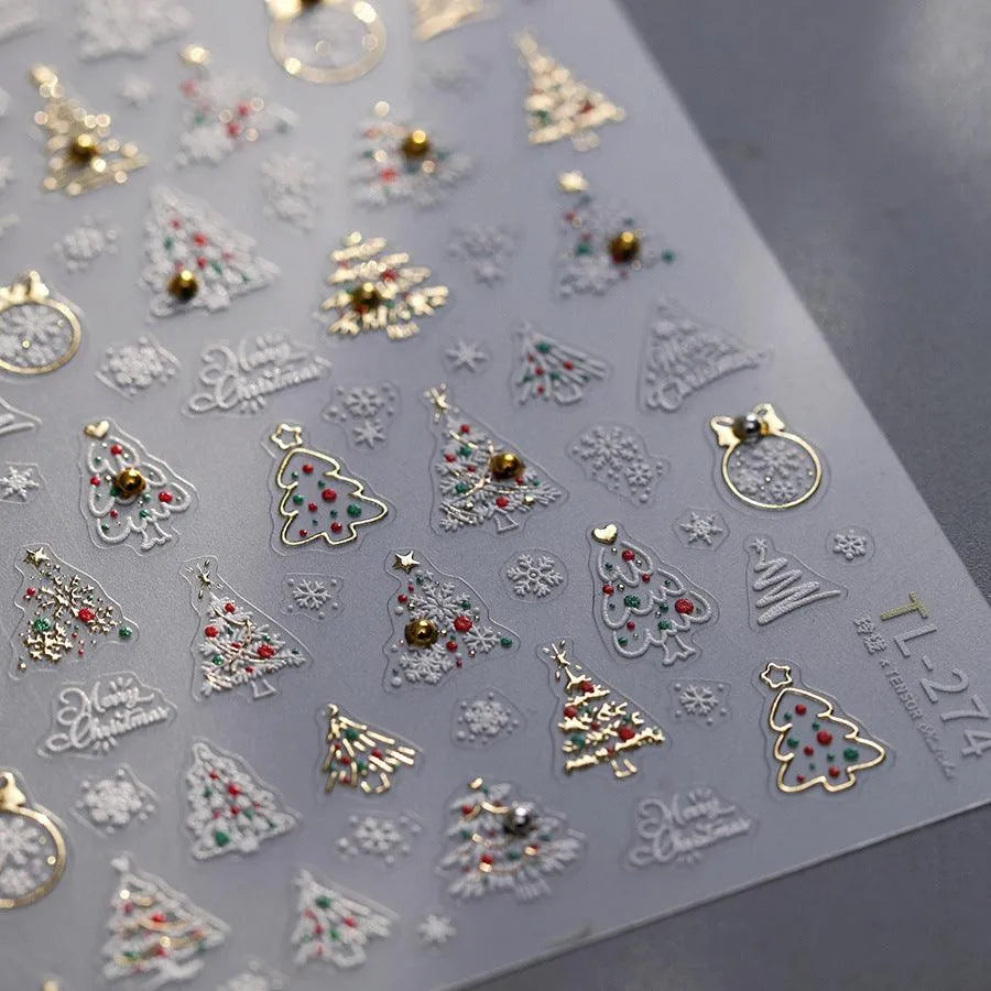 Christmas Tree Nail Art Stickers Adhesive Embossed Golden Snow Ball Sticker Decals 