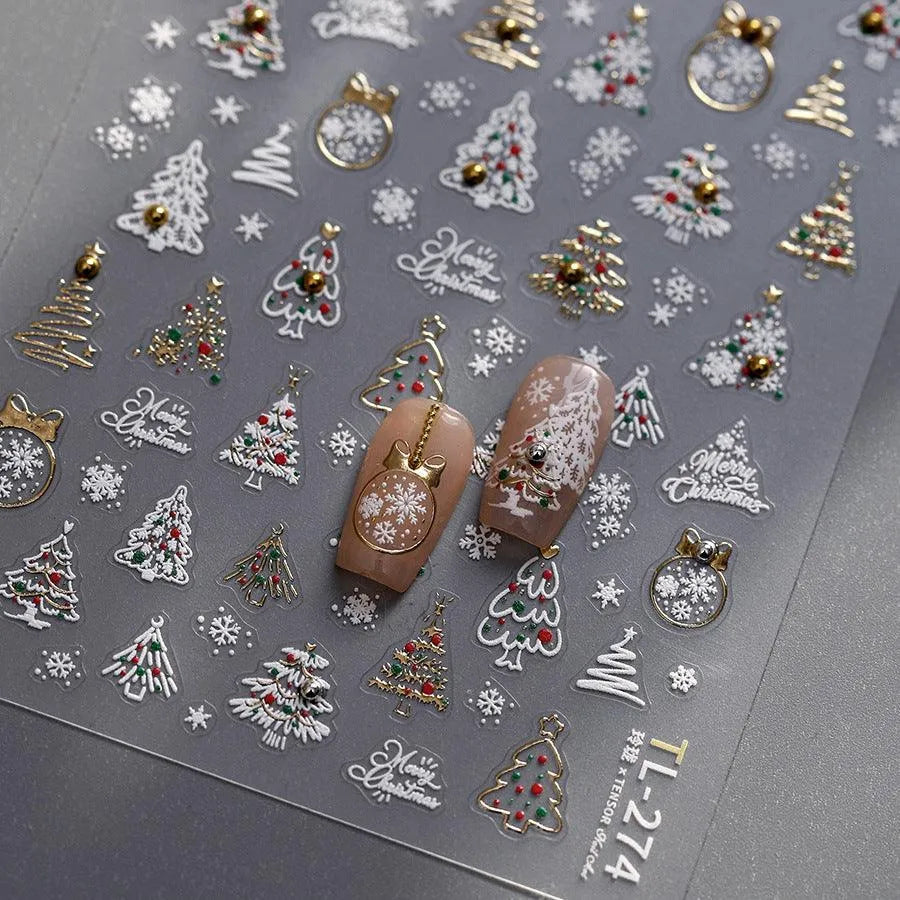 Christmas Tree Nail Art Stickers Adhesive Embossed Golden Snow Ball Sticker Decals 