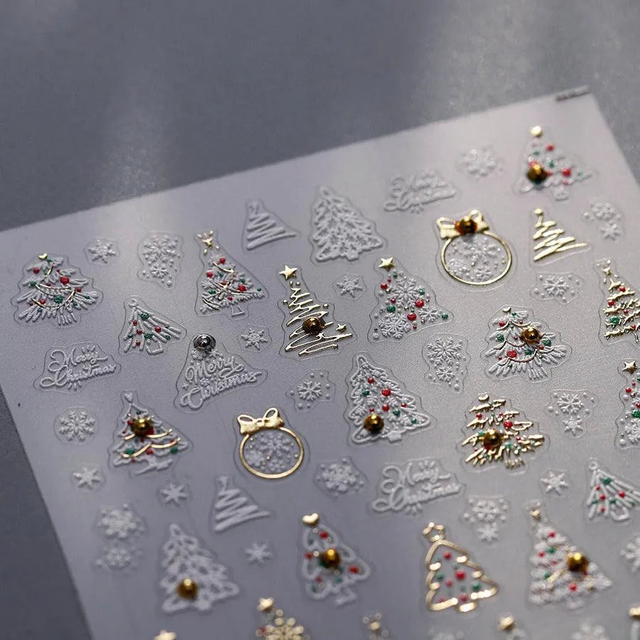 Christmas Tree Nail Art Stickers Adhesive Embossed Golden Snow Ball Sticker Decals 