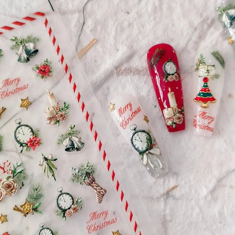 Christmas Tree Nail Art Stickers Adhesive Sliders Embossed Sticker Decals 