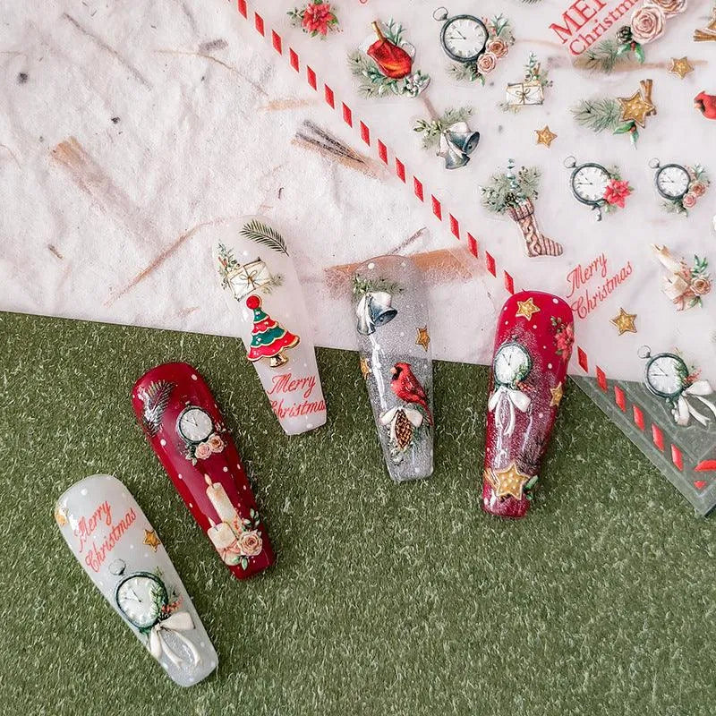 Christmas Tree Nail Art Stickers Adhesive Sliders Embossed Sticker Decals 