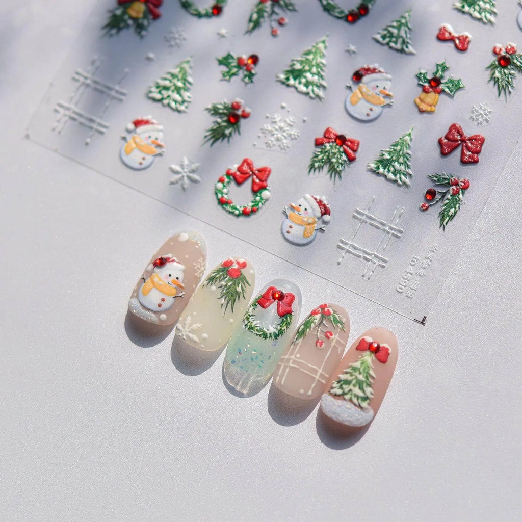 Christmas Tree Nail Art Stickers Snowman Adhesive Embossed Sticker Decals to4590