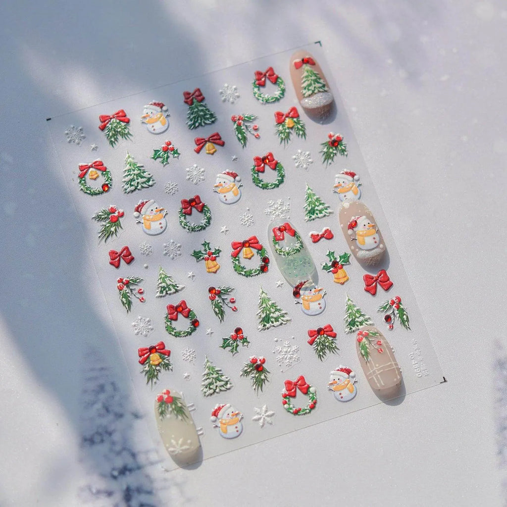 Christmas Tree Nail Art Stickers Snowman Adhesive Embossed Sticker Decals to4590