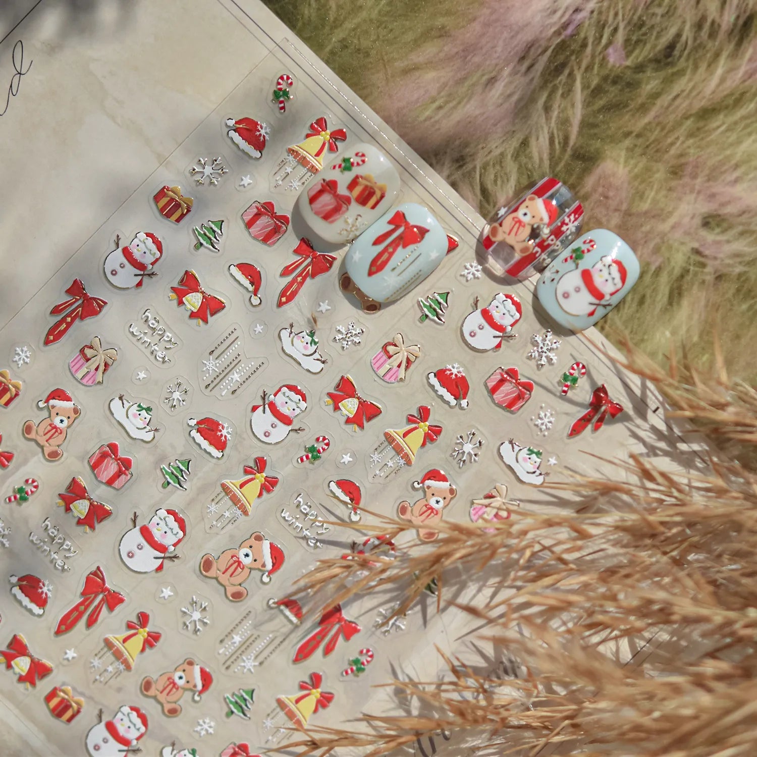 Christmas Winter Nail Stickers - Cute Bear & Snowman Holiday Nail Decals