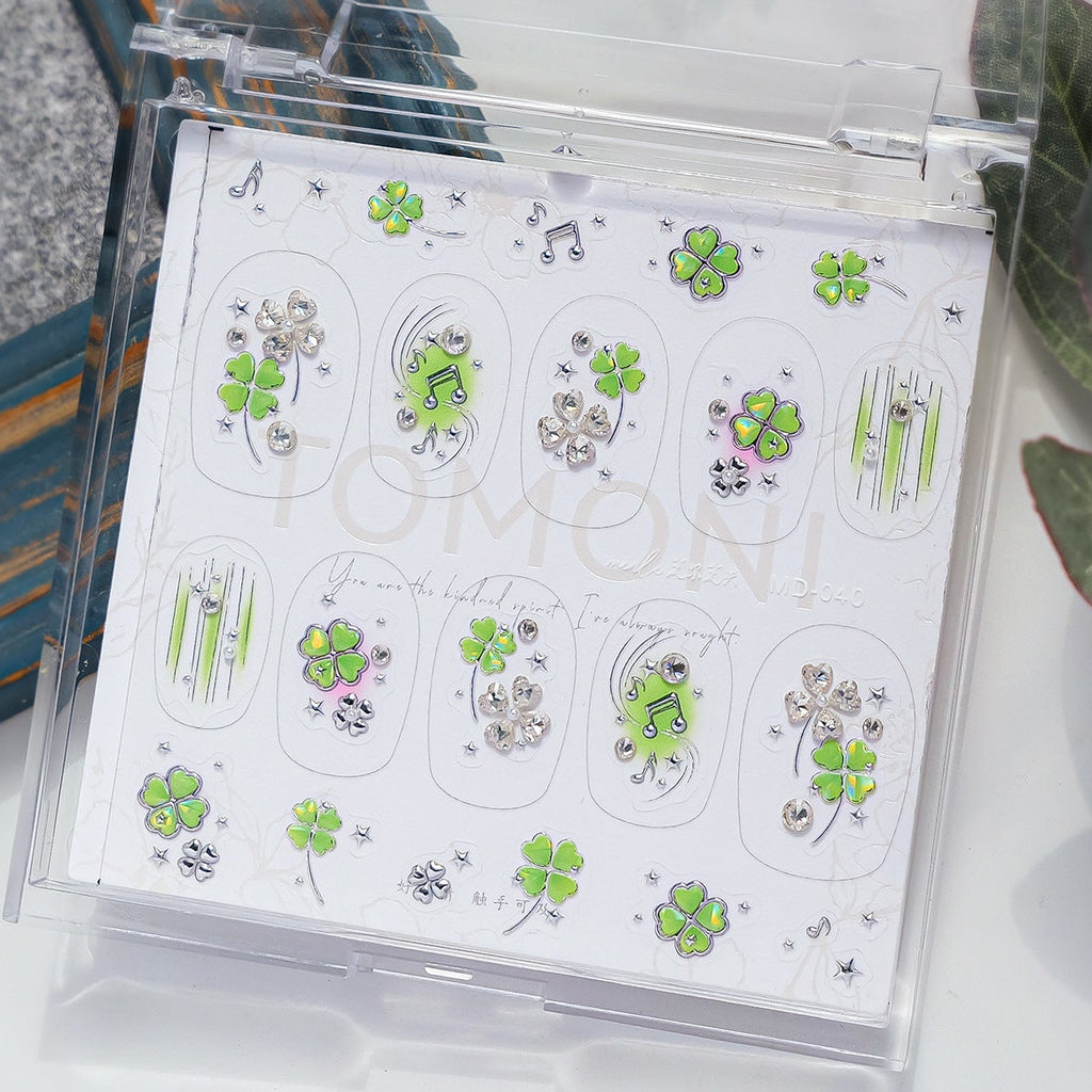 Clover Rhinestone Nail Stickers – Pre-Arranged Self-Adhesive Nail Gems MD040