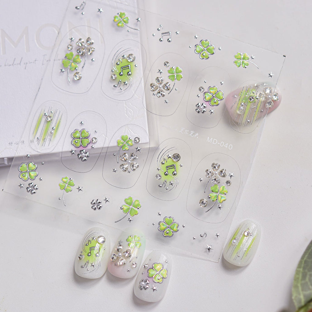 Clover Rhinestone Nail Stickers – Pre-Arranged Self-Adhesive Nail Gems MD040